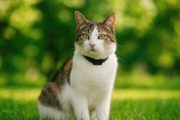 Fototapeta premium Feline with a dark collar resting on the floor, gazing directly at the lens with a green eye