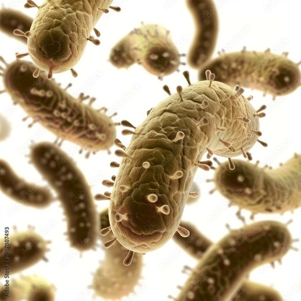 Poster rod shaped bacteria are multiplying and floating in a white background, creating a microscopic view 