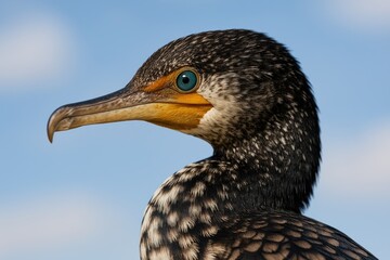 Detailed view of a tiny multicolored cormorant's head with a soft-focus backdrop