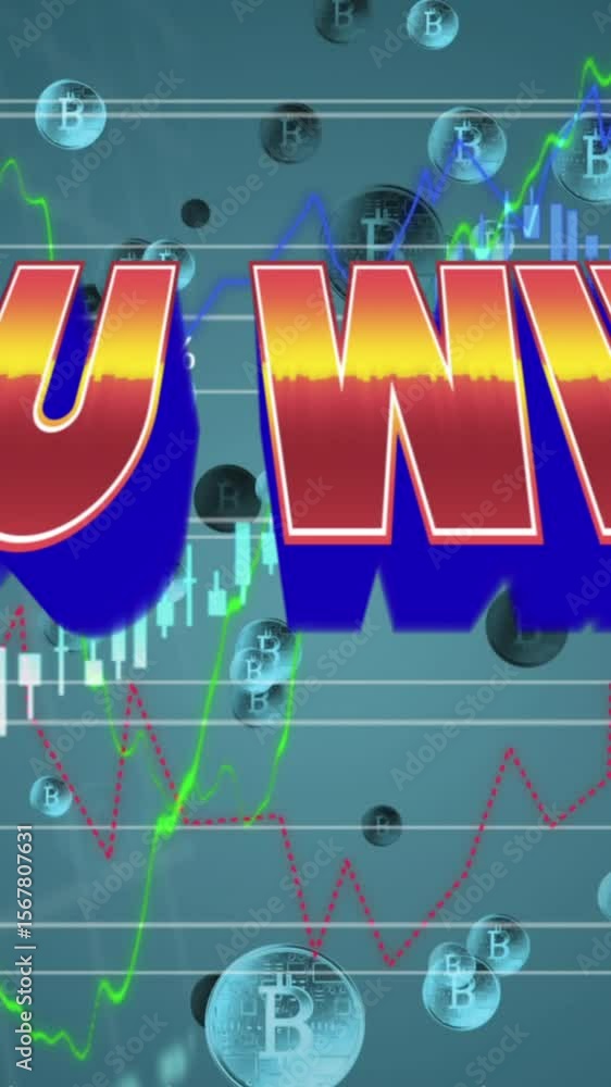 Poster animation of you win in digital abstract space with graphs and bitcoins