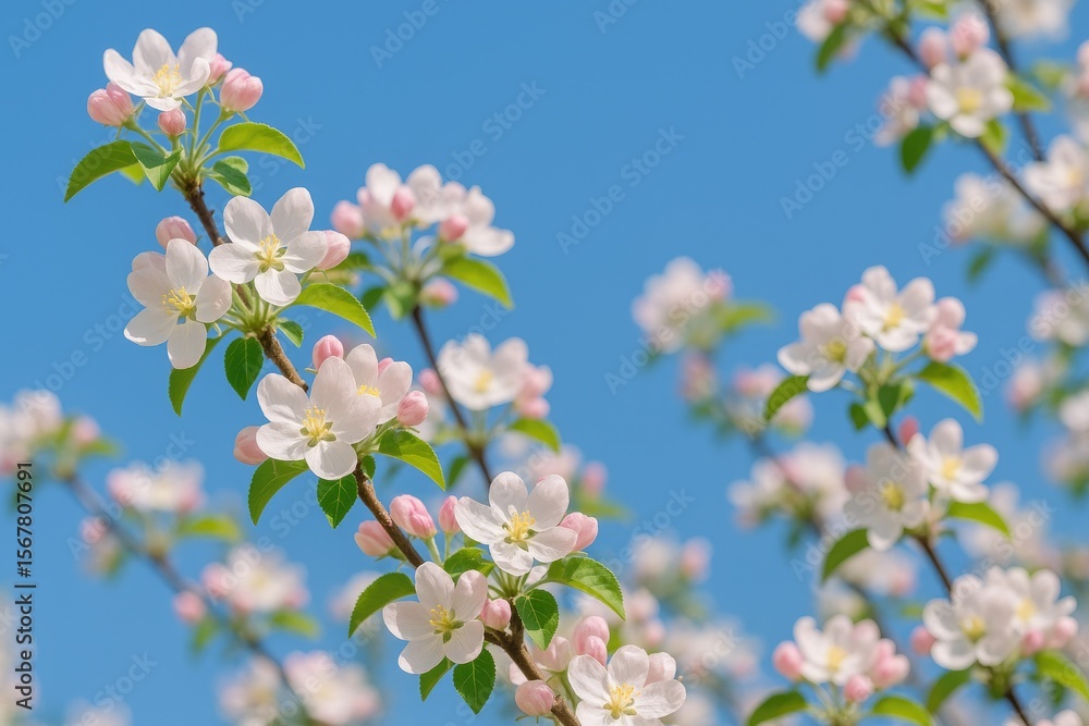 Poster vibrant blossom-covered trees in full springtime bloom under a clear blue sky. bright and warm day w