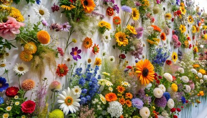 Photo of a lush wall is covered in a vibrant and colorful display of diverse blooming flowers