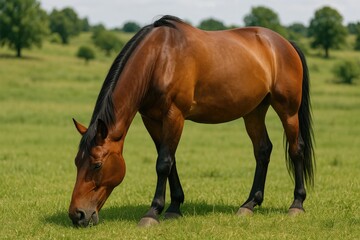 Fototapeta premium A chestnut-colored horse feeding peacefully in a grassy field