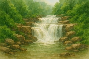 Obraz premium Watercolor artwork depicting a lush green waterfall with earthy brown tones