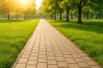Pathway with paving stones and lush grass under bright sunlight