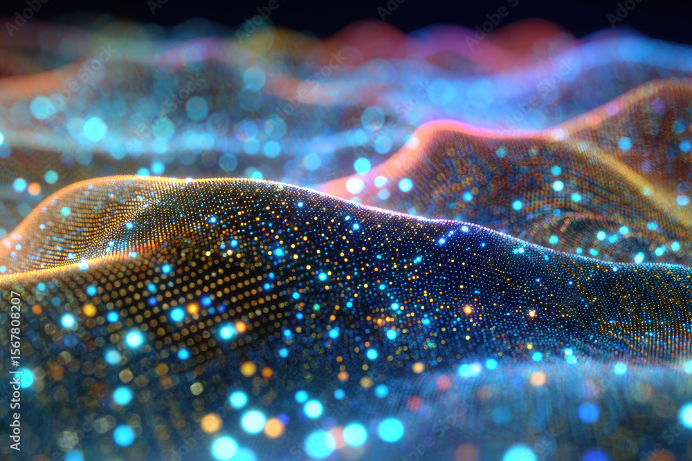 Aufkleber holographic mesh texture with iridescent fibers and floating particles creates vibrant, futuristic a