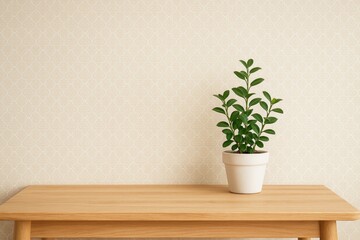Wooden wall with a flowerpot on a table and a patterned backdrop under bright lighting