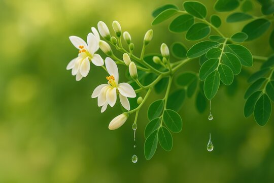 Drops of water falling from lush green foliage, budding plants, and delicate white flowers with a hint of yellow - Powered by Adobe