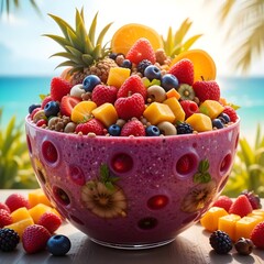 Tropical Fruit Paradise: A vibrant bowl overflows with a colorful assortment of fresh, succulent tropical fruits, showcasing the bounty of nature against a backdrop of a sunny beach.