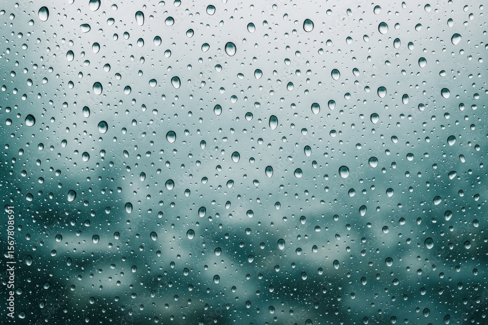 Poster raindrop resting on a glass window with a blurred background