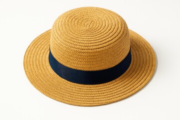 Retro straw hat with a blue ribbon for summer wear isolated on white background