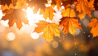 Fototapeta premium Autumn leaves floating with water drops against a neutral background 