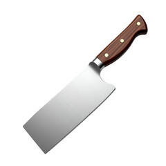 Sharp steel cleaver knife with polished wooden handle isolated on transparent background