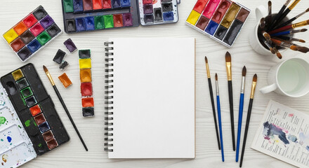 Artist's workspace with watercolor paints, brushes, and blank sketchbook on white wood. Creative hobby and art concept.