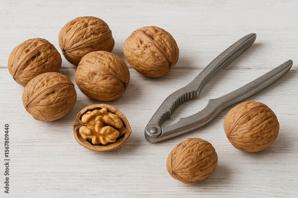 Poster fresh walnuts with shells placed on a table