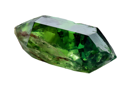 Bright green crystal with sharp edges and a smooth, glassy surface.