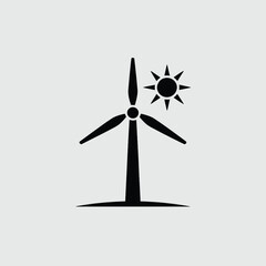 Black Silhouette Wind Turbine Icon with Simple Sun Graphic on Light Gray Background Clean Minimalist Design Renewable Energy Symbol Sustainable Power Source Illustration