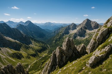 Scenic landscape of the towering mountains and rocky peaks in the European Alps