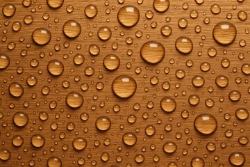 Moisture beads on a wooden surface with a brown hue