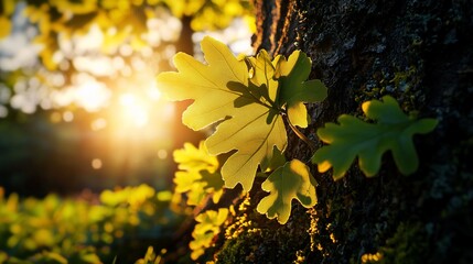 Sunlit leaves on textured tree bark, nature's golden hour