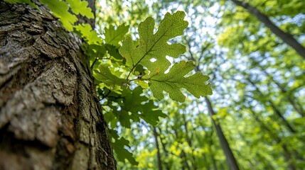 Fototapeta premium Forest view tree trunk, green leaves reaching up into the bright, leafy canopy