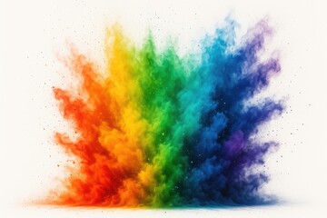 Abstract artwork featuring vibrant powder paint on a white canvas. Dynamic frozen dust explosion with multiple colors on a plain background. Halt the motion of colorful powder on a white surface.