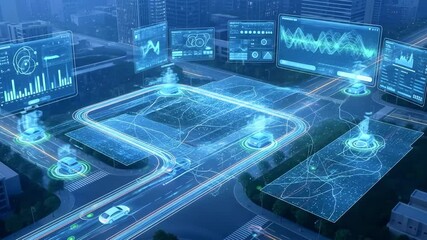 Futuristic city intersection with digital overlays showcasing traffic data and smart technology - Powered by Adobe