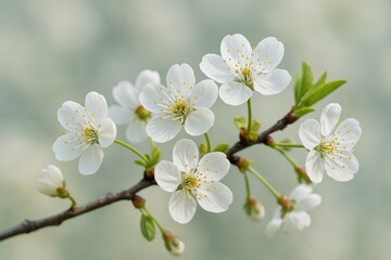 Close-up of delicate white cherry blossoms on a branch