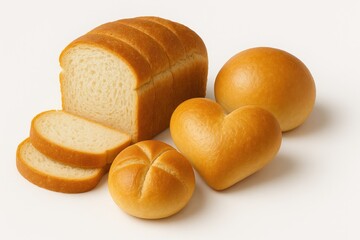 Plain white bread and rolls on a white background