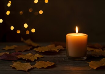 Candle's Gentle Light: A warm, flickering candle illuminates a scene of serenity, casting a soft glow upon fallen leaves, evoking a sense of peace, reflection, and the changing seasons. 