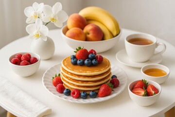 Breakfast scene featuring a white coffee table with pancakes and fresh fruits