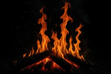 Fiery sparks and smoke rising from burning logs in a dark setting, featuring unusual elemental fire figures and abstract night shapes. Outdoor bonfire amidst nature showcasing elemental power.