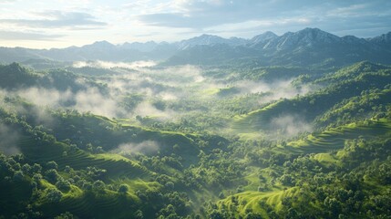 Fototapeta premium Lush mountain valley shrouded in morning mist.