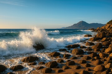 Seashells colliding with rugged shoreline