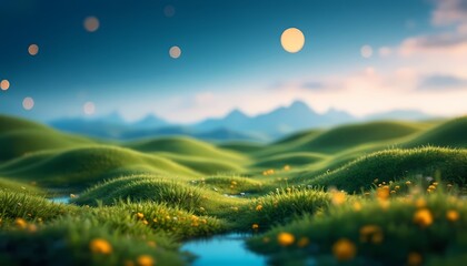 Dreamy fantasy landscape with green hills and glowing orbs

