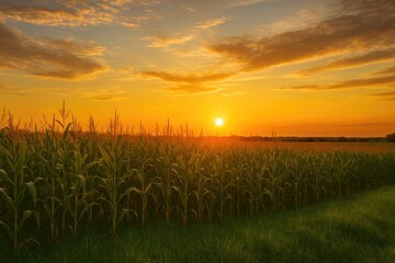 Golden autumn evening scene seen through a cornfield