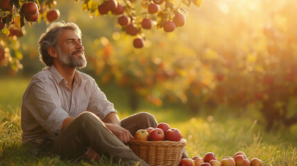 Elderly man sitting on grass with basket of apples in orchard  