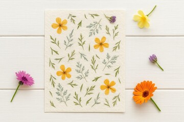 Creative handmade paper postcard featuring embedded plants and colorful flowers on a rustic wooden surface