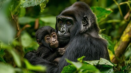 Obraz premium Gorillas in lush jungle; mother tenderly cradles baby