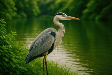 A heron elegantly perches among vibrant greenery near a tranquil waterbody
