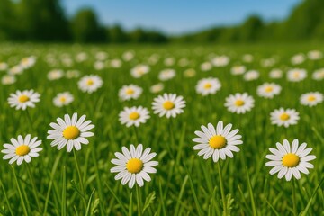 Springtime scene with blooming chamomile in a lush meadow