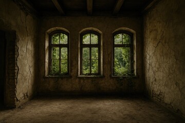 Haunted abandoned home with shattered walls and overgrown greenery in the windows