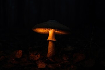 Enchanted woodland fungi glow amidst shadowy trees. Autumn leaves, ominous ambiance, mysterious natural setting.