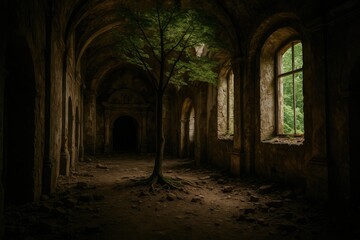 Fototapeta premium Derelict chapel among ancient ruins with a solitary tree growing within. An old cloister with a window revealing the outside world, shrouded in darkness.