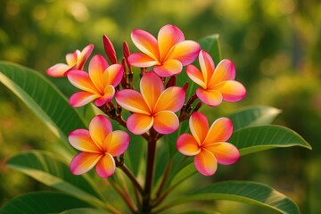 Obraz premium Vibrant and stunning plumeria blossoms in a lush garden setting