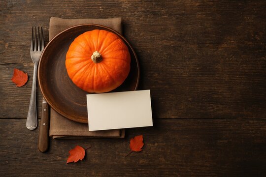 Fall-inspired table arrangement featuring a vibrant pumpkin on a vintage-style surface with ample room for text