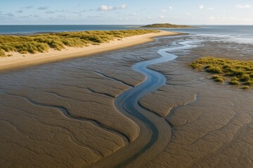 Bird's-eye perspective of a tidal mudflat with water channels, dunegrass, and sandy banks on a Frisian island