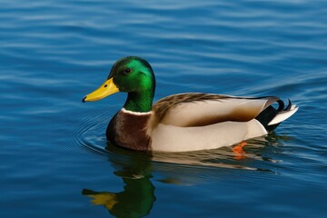 Wildlife Scene Featuring a Beautiful Duck Gliding on a Clear Blue Body of Water