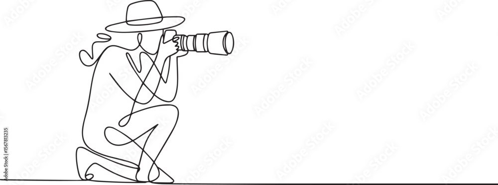 Poster continuous line drawing of a photographer in crouching pose holding dslr camera with telephoto lens 