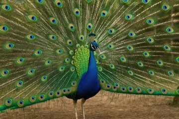Naklejka premium A male peacock displays vibrant green and blue feathers while spinning a wheel at an animal sanctuary